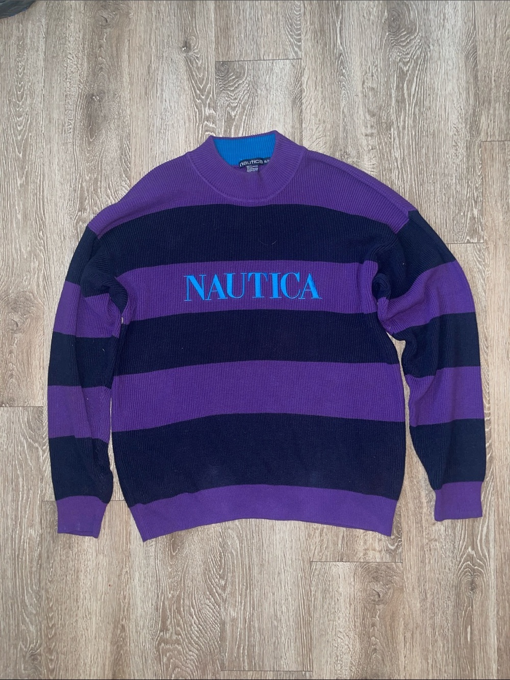 Nautica Purple & Black Striped Logo Crewneck Sweater with Blue Logo pullover xl